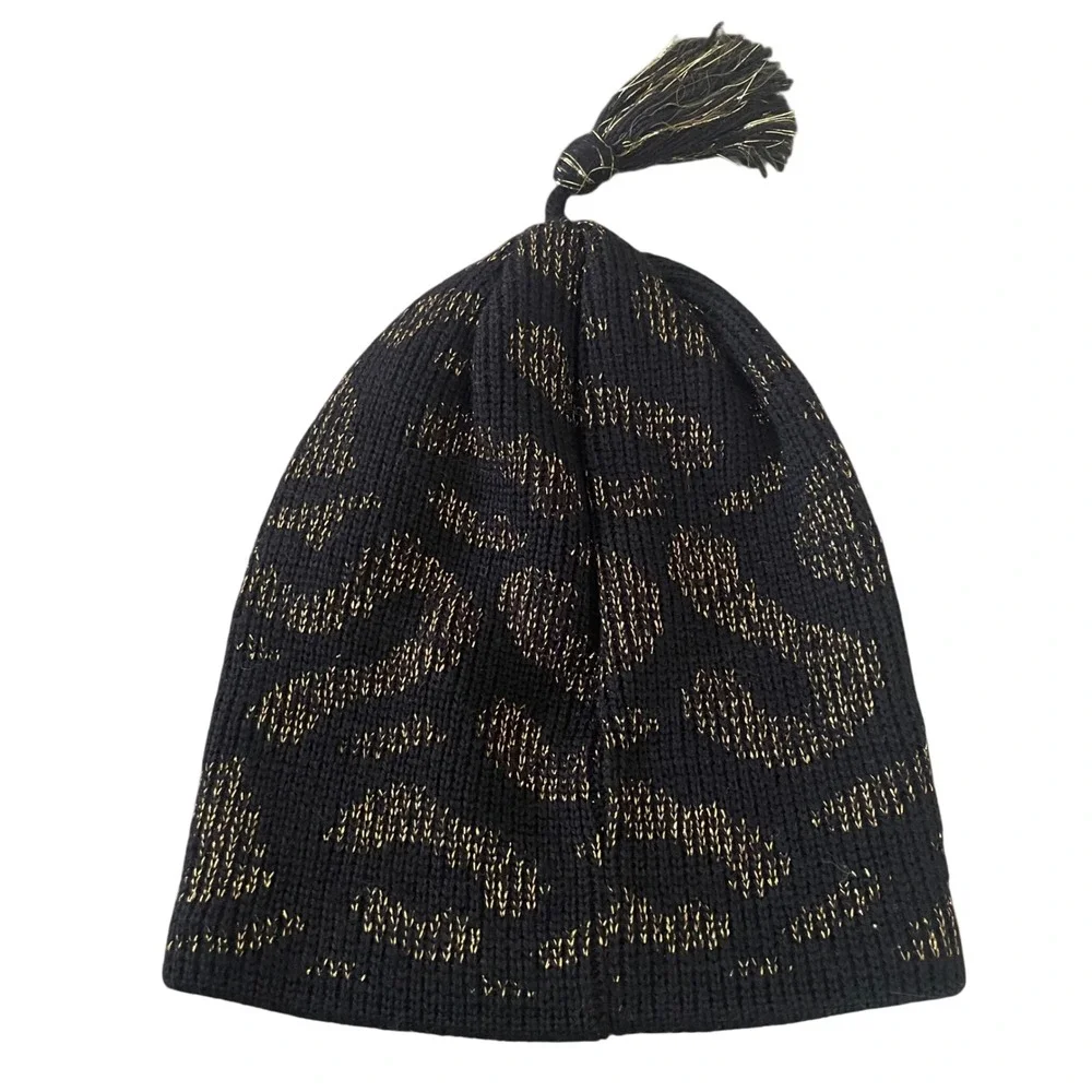 Vtg Beanie Hat 100% Wool Black Gold Knit Leopard Design Tassel Fleece Lined‎